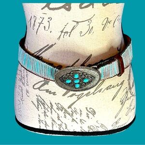 Saks Fifth AveTurquoise Woven Leather Belt w Decorative Turquoise Buckle S/35”